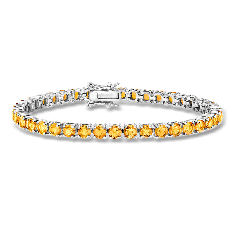 Sterling silver tennis bracelet with round citrine gemstones and hinged center clasp