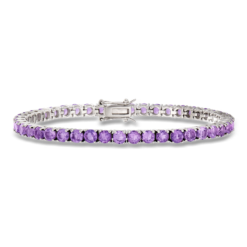Sterling silver tennis bracelet with round purple amethyst gemstones in rows