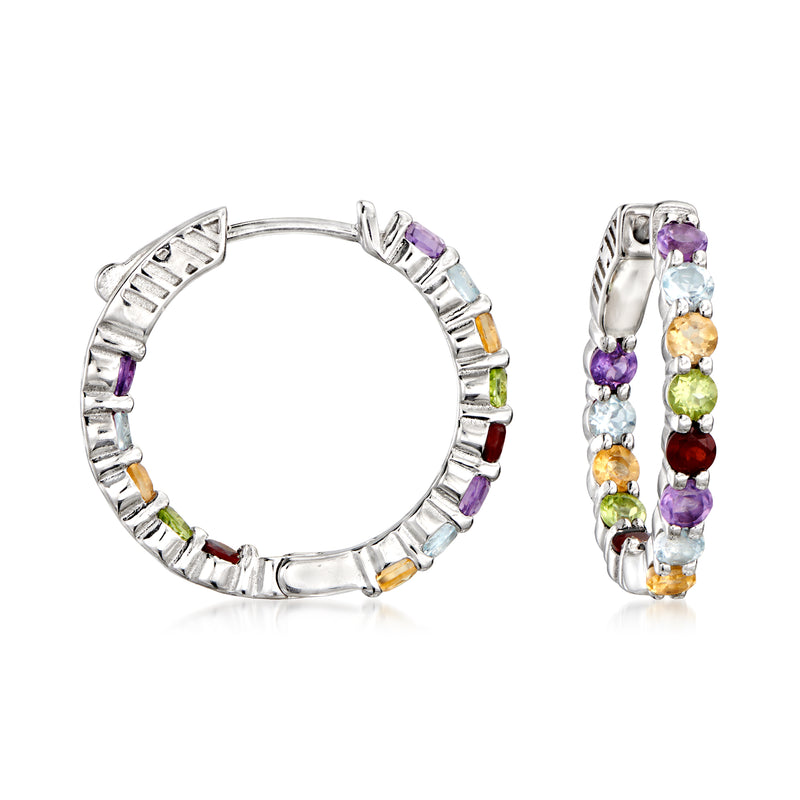 Sterling silver inside-out hoop earrings with multicolor gemstone stones