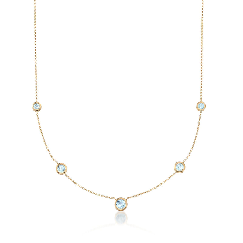 Graduated blue topaz station necklace, 18k gold over sterling with 5 round stones