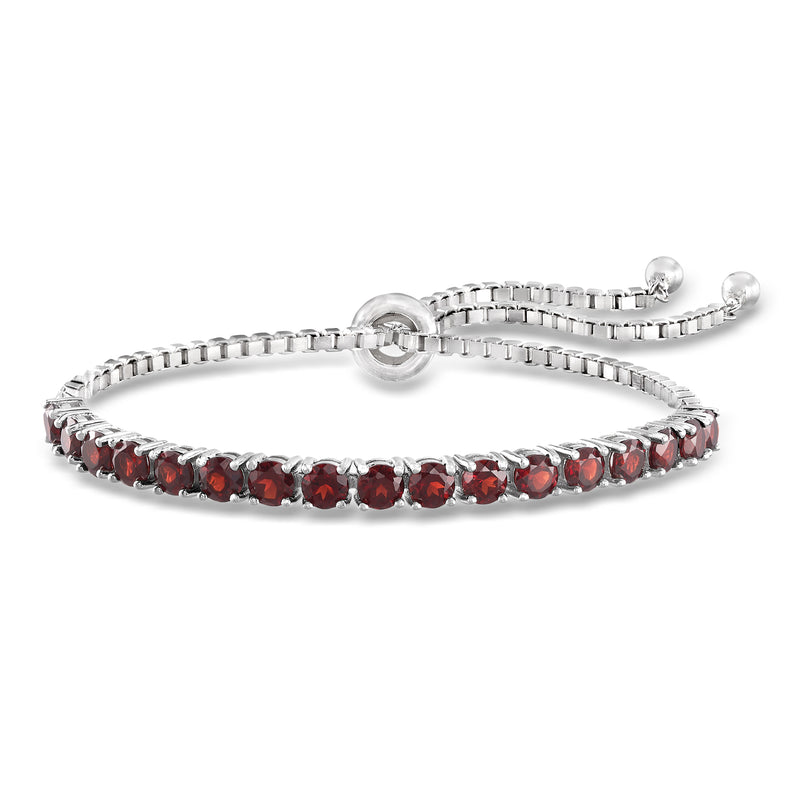Sterling silver bolo bracelet with round red garnet accents and adjustable clasp