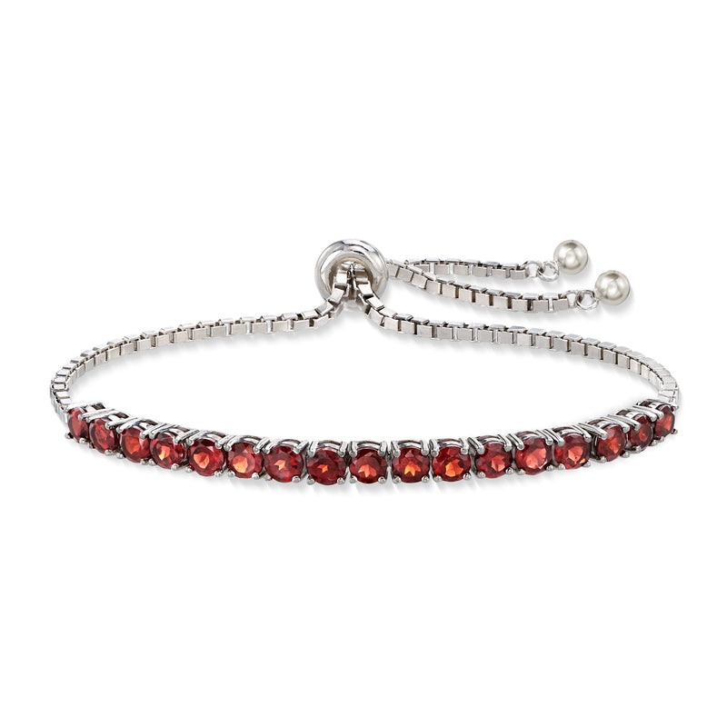 Sterling silver garnet bolo bracelet with round red gemstone row and ring clasp