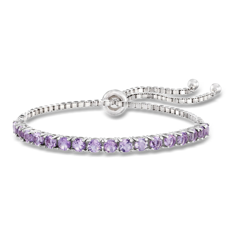 Sterling silver amethyst bolo bracelet with row of oval purple gemstones