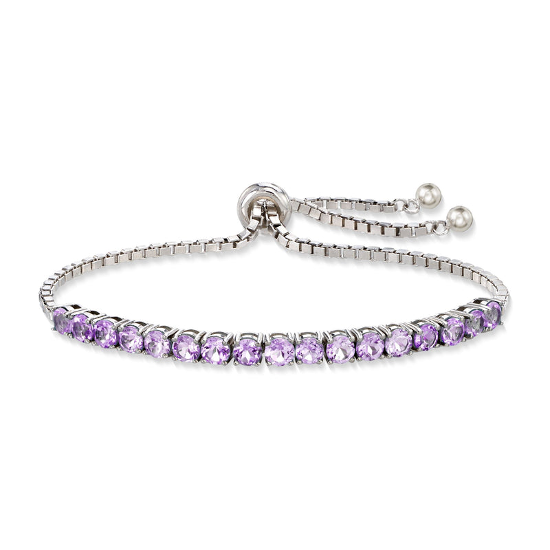 Sterling silver bolo bracelet with oval amethyst gemstone row and ring clasp