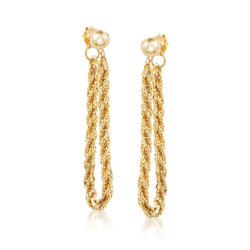 14kt yellow gold rope chain drop earrings with round bead tops
