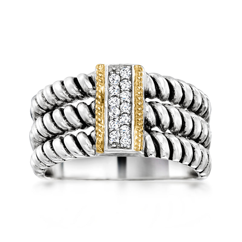 Three-row CZ ring, sterling silver with 14kt yellow gold accents and pave center