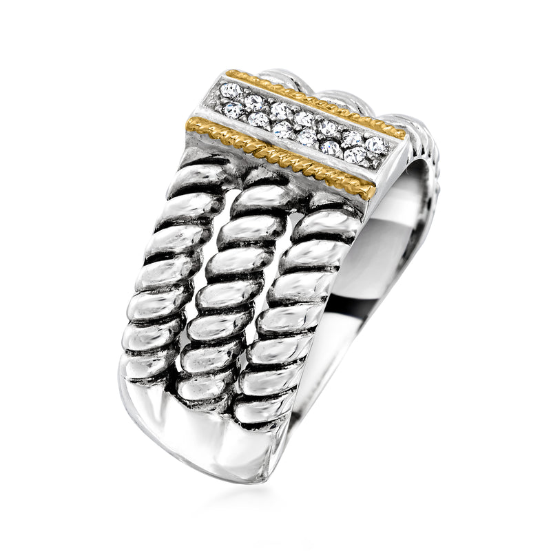Sterling silver three-row CZ ring with yellow gold top frame and twisted band