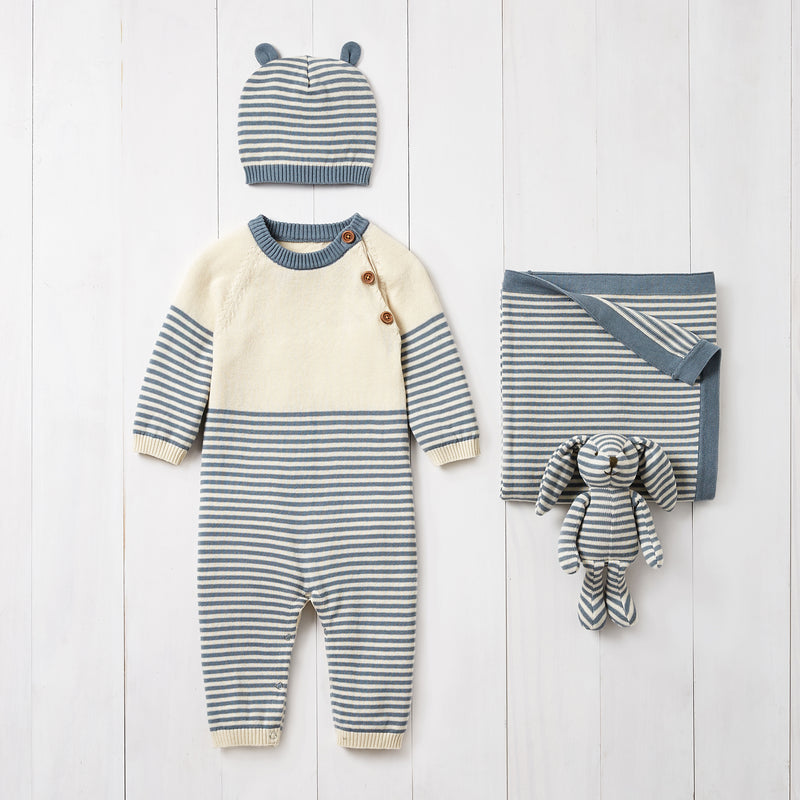 Baby striped 4-piece gift set: cream one-piece romper, teal-blue cap, blanket, booties