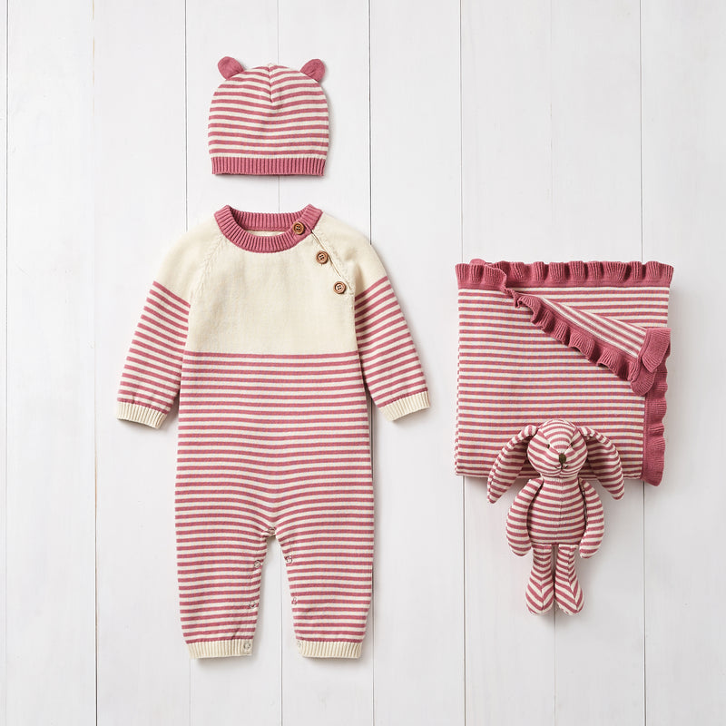 Mauve and cream striped baby knit gift set with hat, footed romper, and blanket