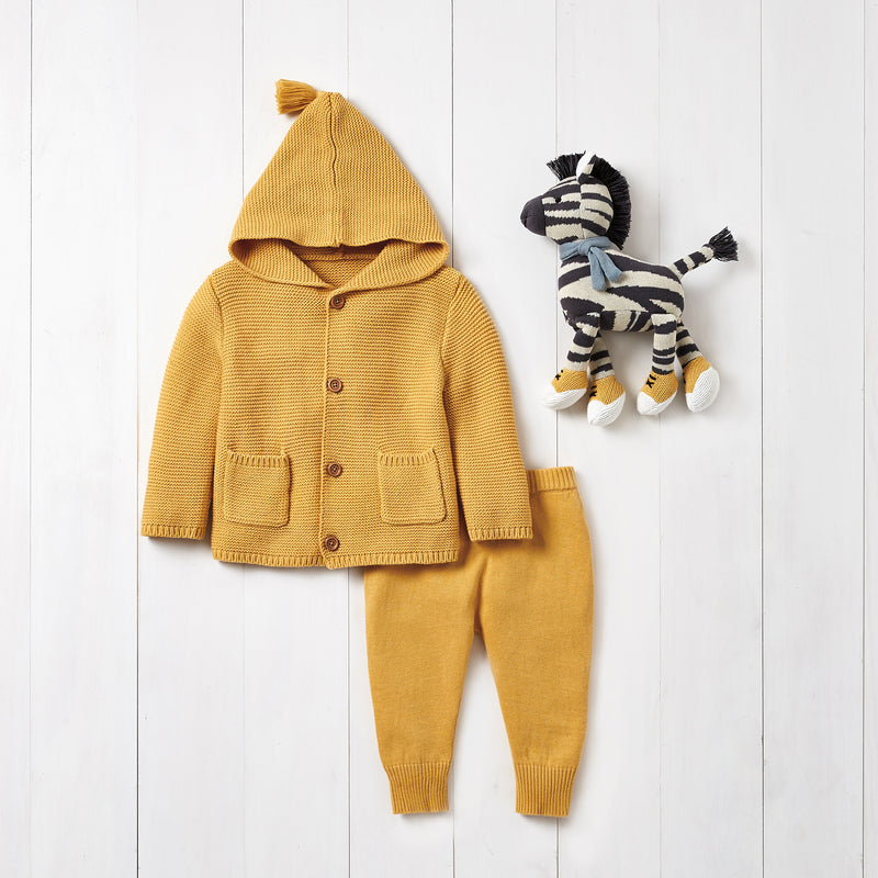 Mustard baby 3-piece hooded cardigan set: button front, matching pants, pom-pom hood