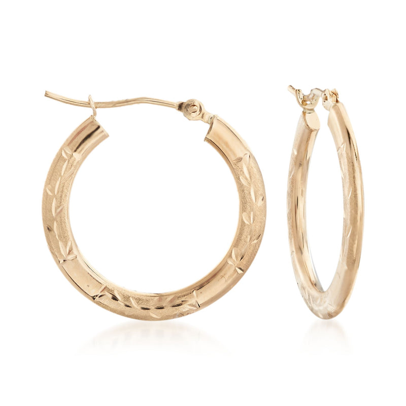 Medium 14kt yellow gold hoop earrings with branch-pattern texture, hinged clasp