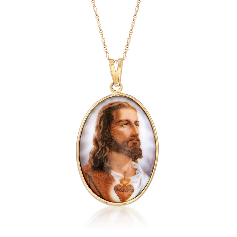 14kt yellow gold oval pendant necklace with enameled Sacred Heart portrait