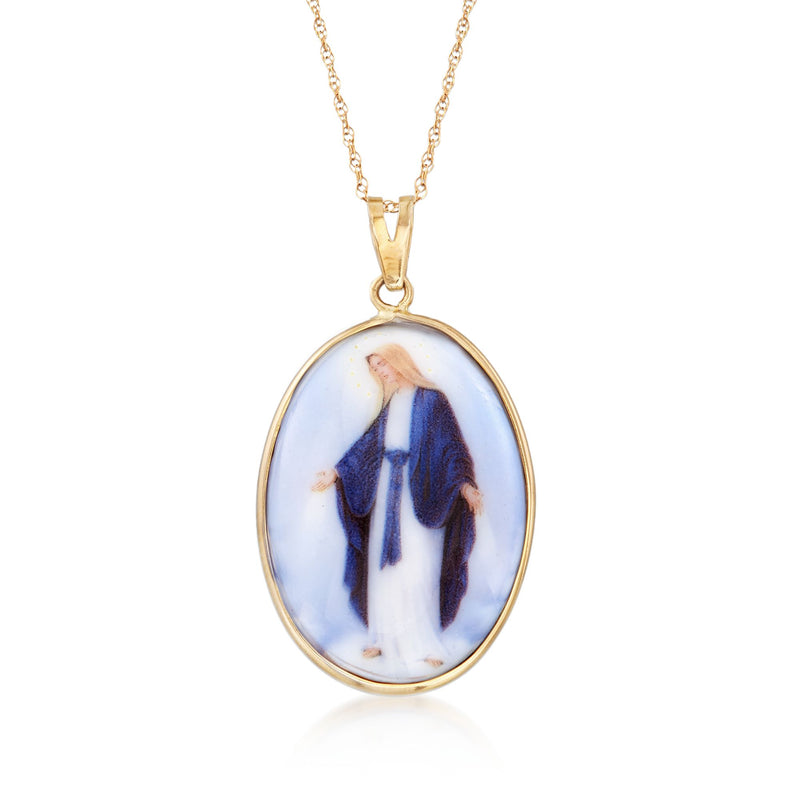 Oval porcelain Mary pendant necklace, blue and white enamel portrait, 14kt yellow gold frame