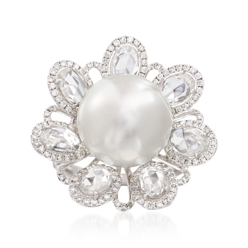 Cultured pearl flower ring with sparkling pear-shaped stones and diamond accents, white gold