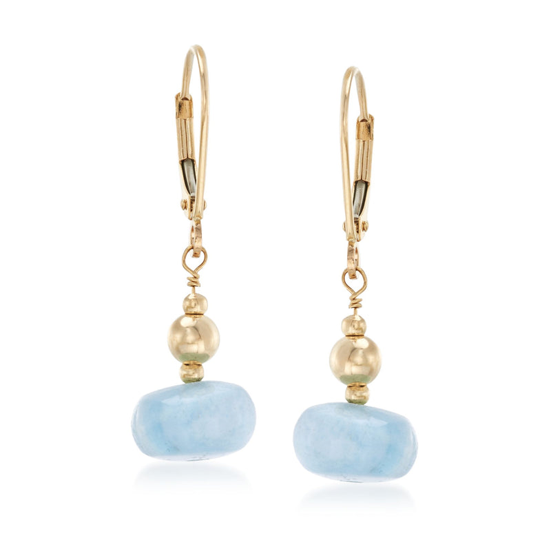 14kt yellow gold leverback drop earrings with milky aquamarine beads