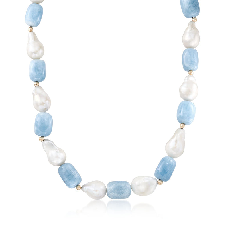Aquamarine and cultured pearl necklace in 14kt yellow gold with blue and white beads