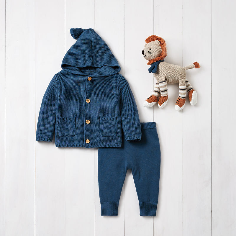 Dark teal baby hooded knit sweater with front buttons and matching pants