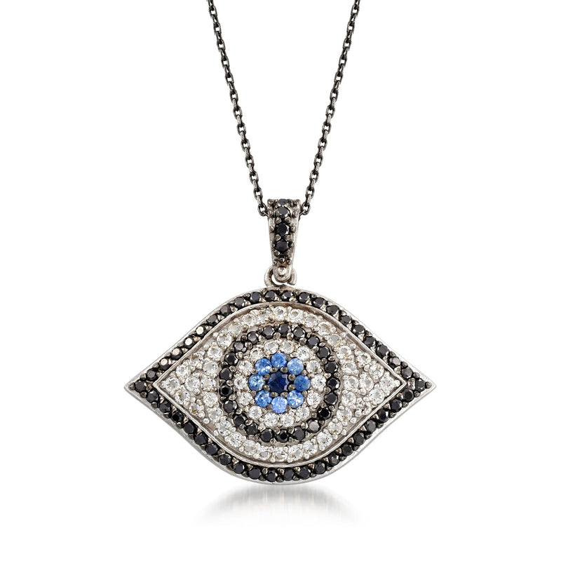 Sterling silver evil eye pendant necklace with blue center and black/clear stones