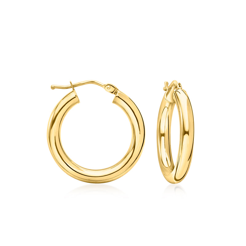 18kt yellow gold hoop earrings, round profile with hinged clasp detail