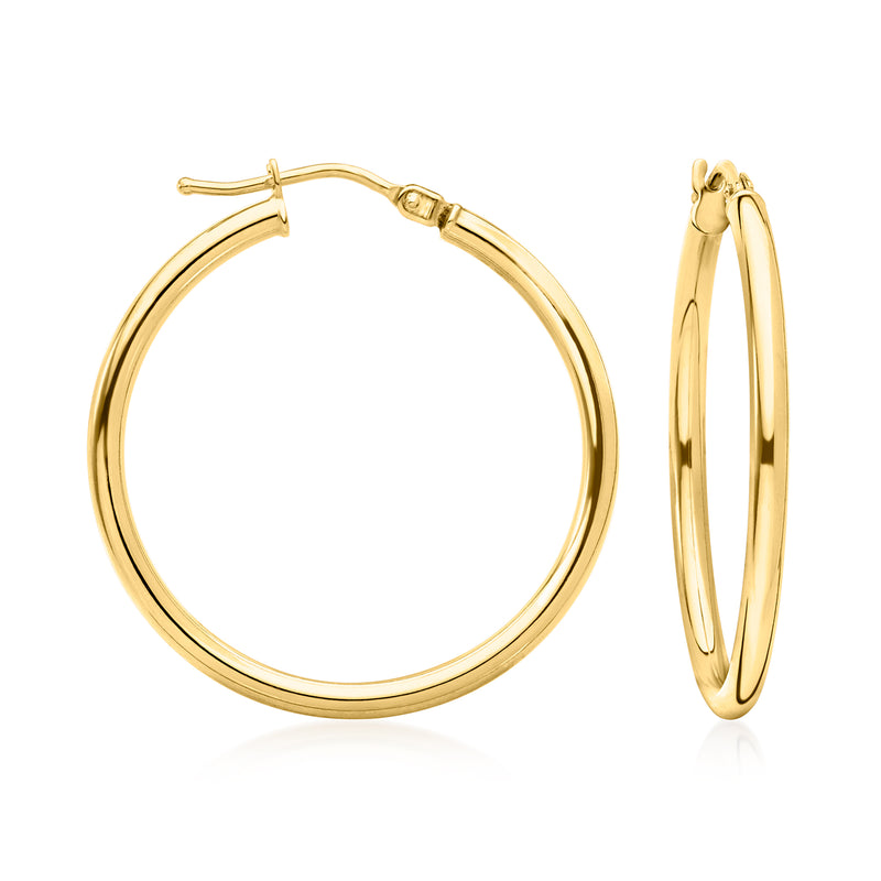 Yellow gold hoop earrings with hinged clasp, rounded 18kt style