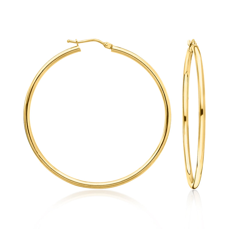 18kt yellow gold hoop earrings, round 2mm thickness, hinged post and clasp