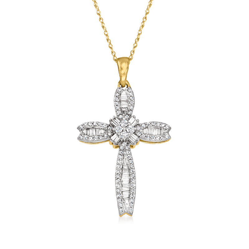 14kt yellow gold diamond cross pendant with baguette and round stones