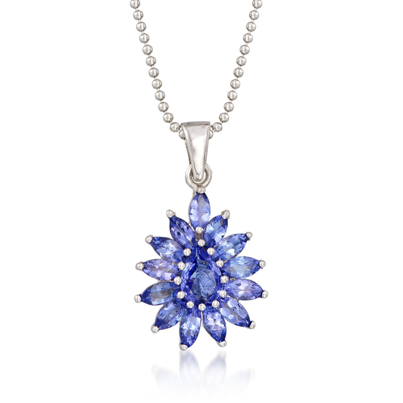 Sterling silver pendant necklace with blue tanzanite cluster flower centerpiece