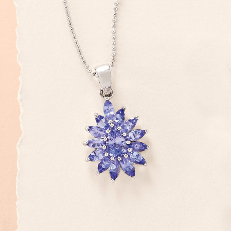 Sterling silver pendant necklace with blue tanzanite cluster flower and bail