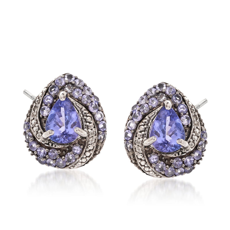Sterling silver teardrop drop earrings with oval lavender tanzanite center and purple zircon halo
