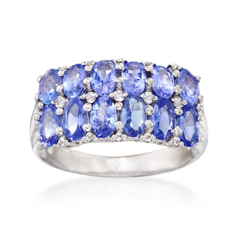 Sterling silver ring with oval blue tanzanite stones and small white topaz accents