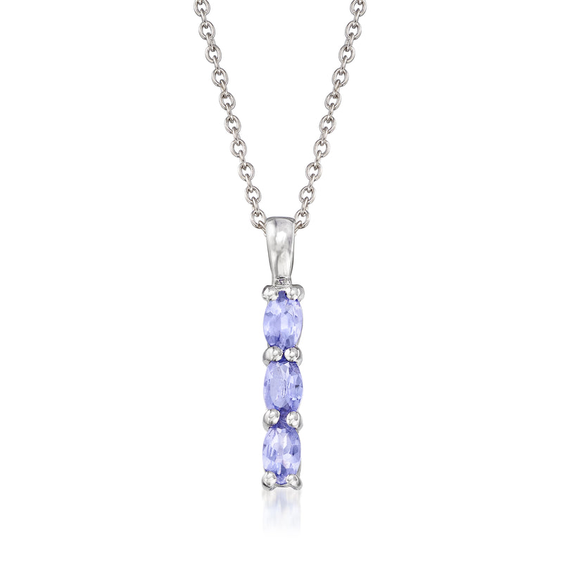 Sterling silver linear pendant necklace with three oval blue gemstones on a chain