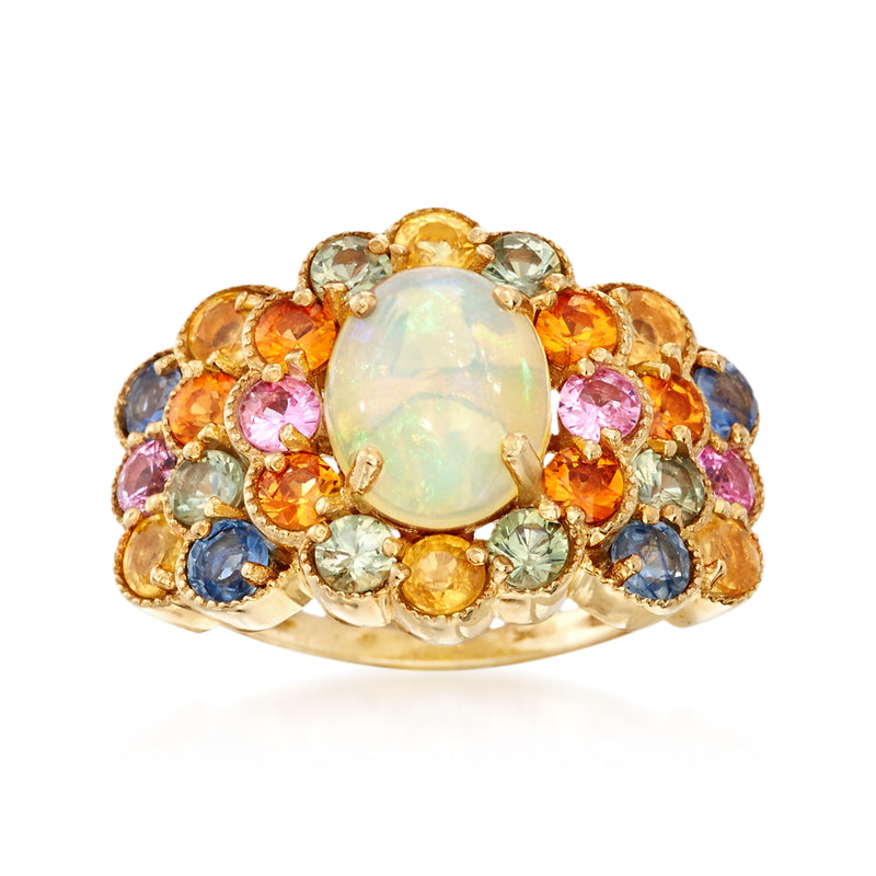 Opal center cluster ring with multicolored sapphires in gold over sterling