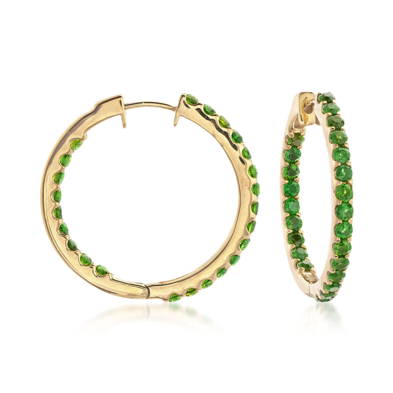 Chrome diopside hoop earrings in gold over sterling with green stones