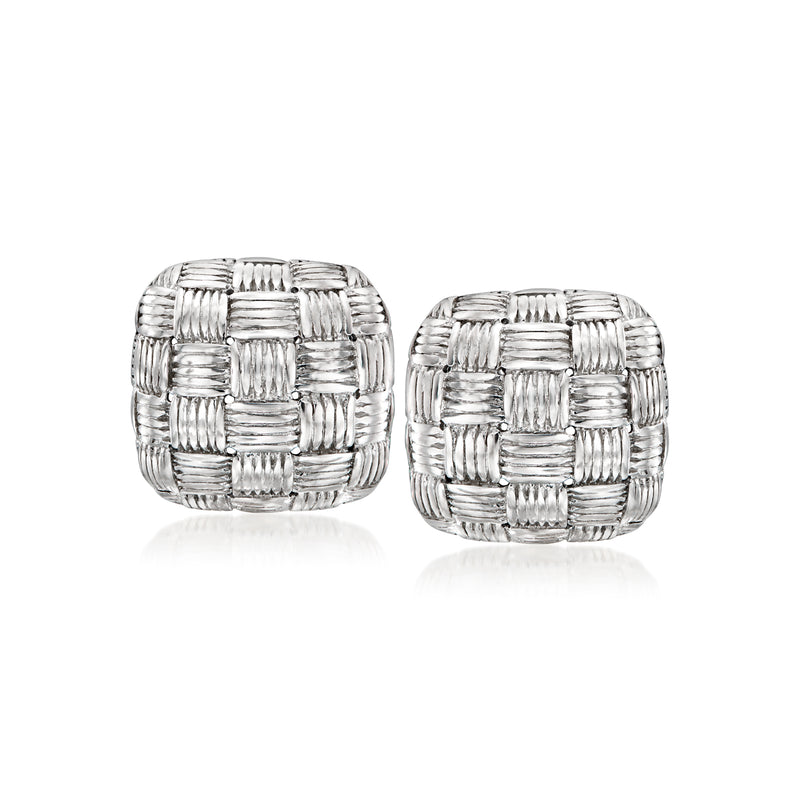 Sterling silver square dome earrings with woven basketweave texture, stud style