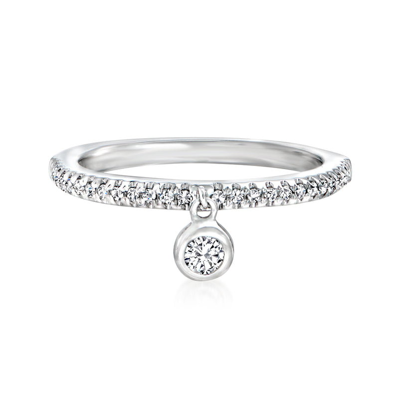 14kt white gold diamond dangle ring with pavé band and round diamond drop