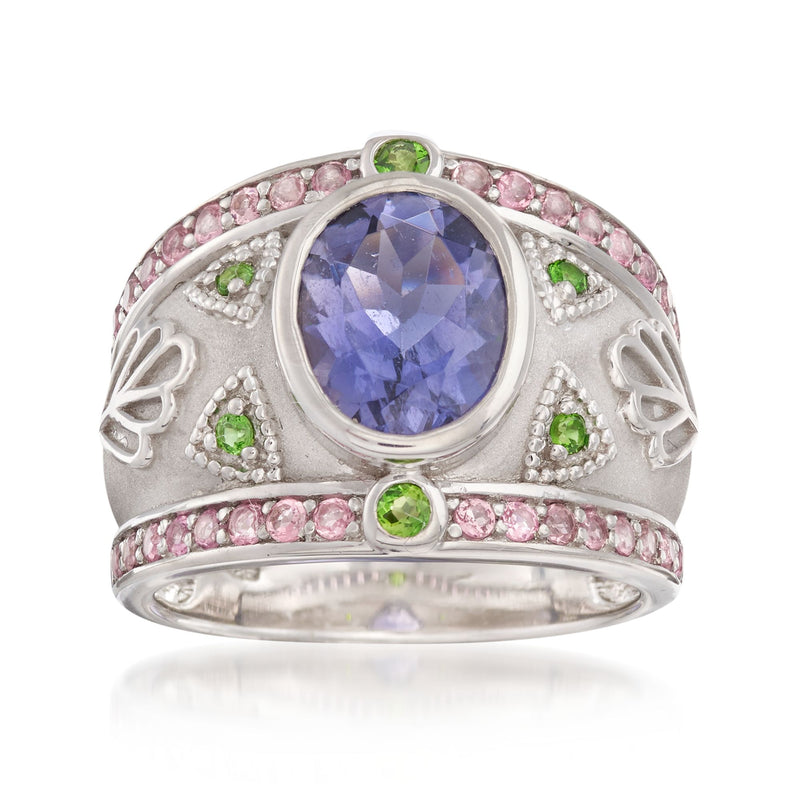 Sterling silver multi-stone patterned ring with oval lavender center stone, pink and green accents