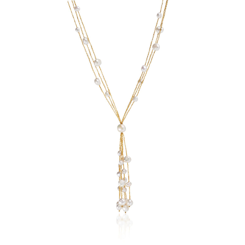 Cultured pearl tassel necklace with 14kt gold over sterling chain and layered pearl drops