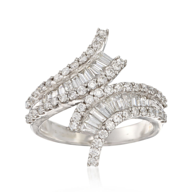 14kt white gold diamond bypass ring with baguette and round stones, crossed top