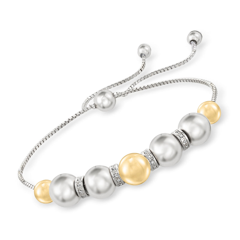 Bolo bracelet with sterling silver and 14kt yellow gold bead stations and diamond accents