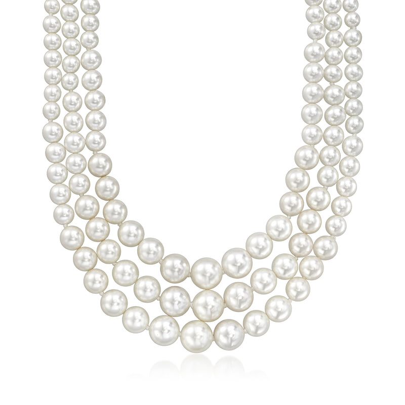 Graduated shell pearl three-strand necklace with sterling silver clasp