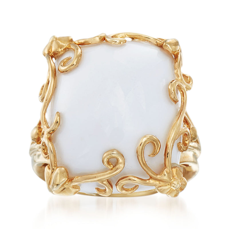 14kt gold over sterling ring with white agate and ornate scrollwork frame