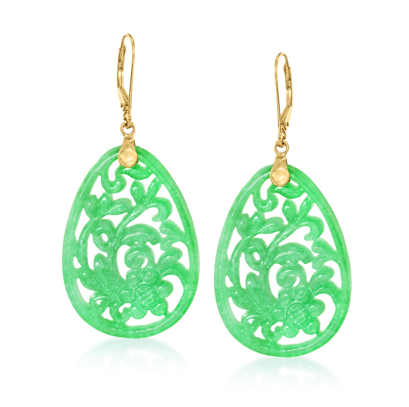 Green carved jade teardrop drop earrings with 14kt yellow gold leverback hooks