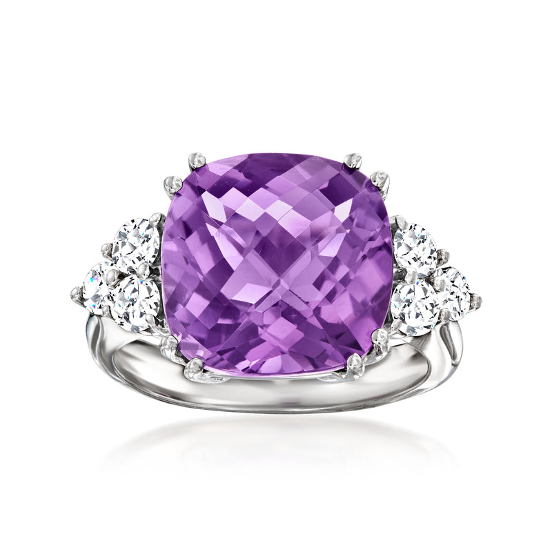 Amethyst and diamond ring in 14kt white gold, large oval purple amethyst center
