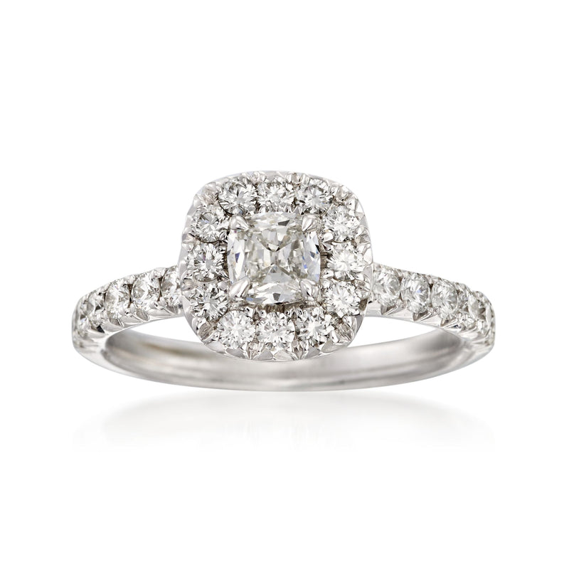 White gold diamond engagement ring with large square-cut center stone and halo
