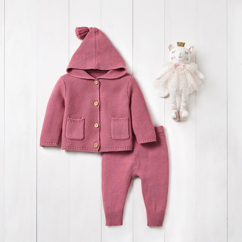 Mauve knit hooded cardigan sweater set with button front and matching pants