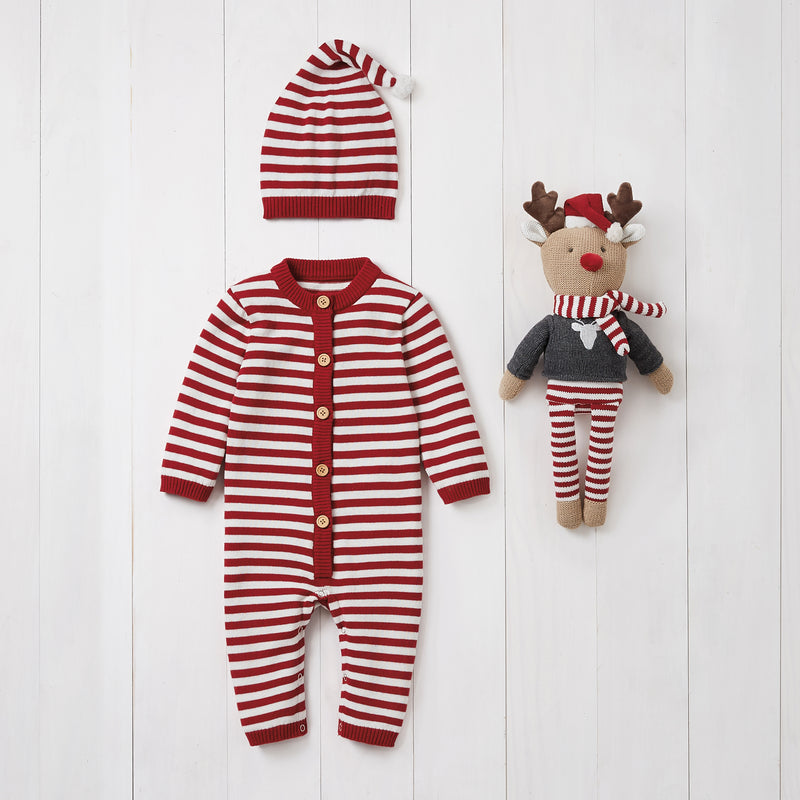 Baby holiday jumpsuit set: striped red/white footed romper, button front, beanie and reindeer plush