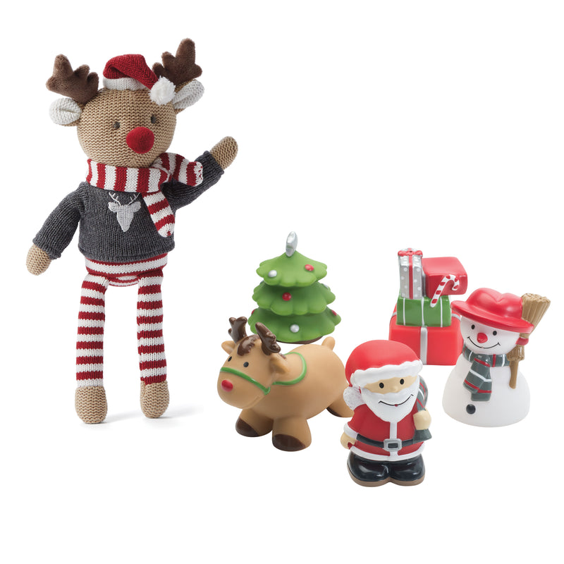 Christmas reindeer plush and 4-piece bath squirt toy set, red and green details