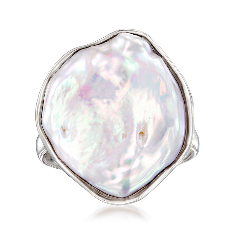 Sterling silver keshi pearl ring with large iridescent white irregular pearl top