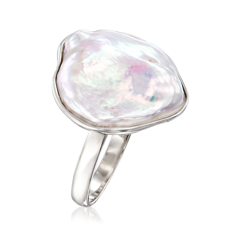Sterling silver keshi pearl ring with irregular white iridescent pearl and slim band