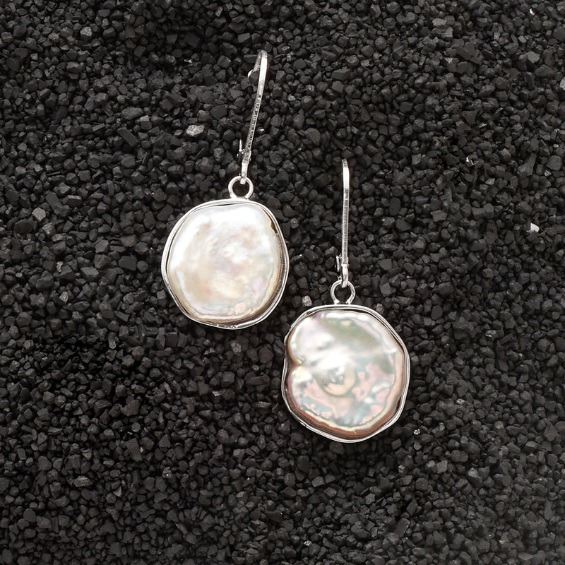 Sterling silver pearl drop earrings with round keshi pearl discs, leverback hooks